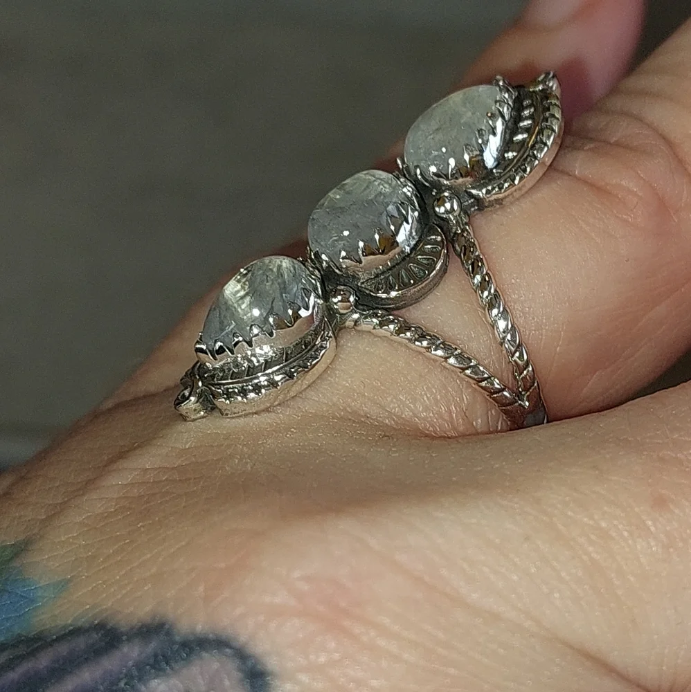 Triple Moonstone Solid Sterling Silver Ring